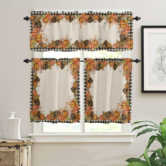 Fall Kitchen Curtains and Valances Set 24 Inches Long, Buffalo Plaid Pumpkins Birdhouse Leaves Tier Curtains 3 Pieces Rod Pocket Seasonal Fall Harvest Vintage Small Curtains Semi-Sheer Cafe Curtain