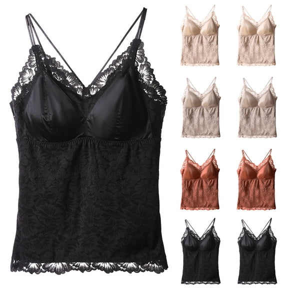Tank Tops for Women V Neck Sleeveless Solid Color Integrated Suspender Lace Tank Top