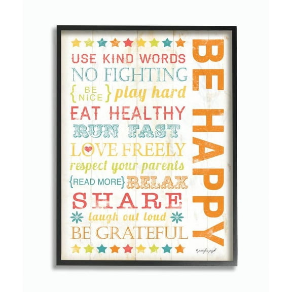 Stupell Industries Be Happy Typography Graphic Art Black Framed Art Print Wall Art, 24x30, by Jennifer Pugh