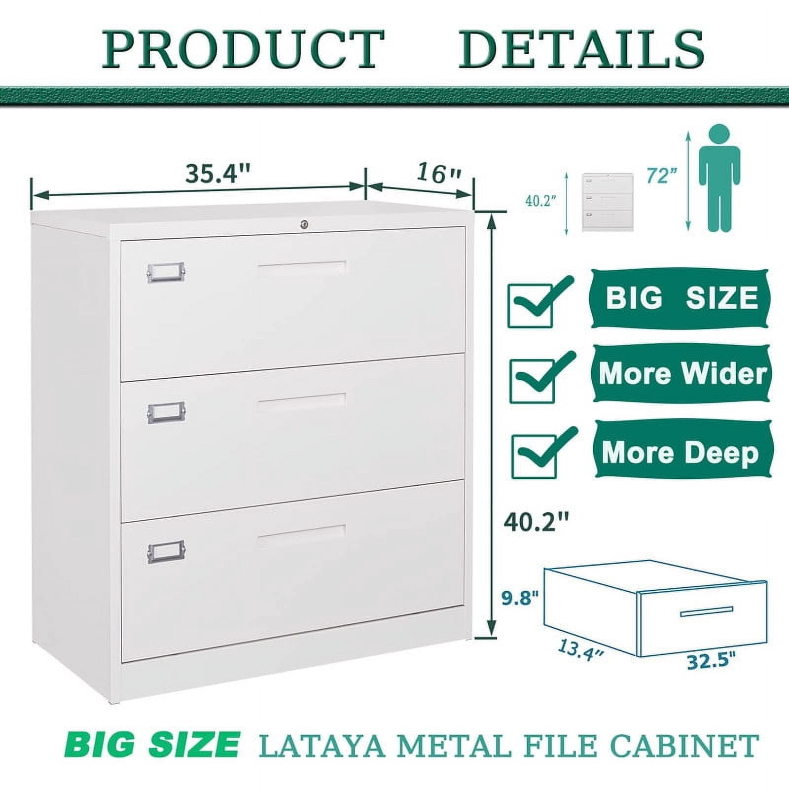 MIIIKO 3 Drawer Lateral File Cabinet with Lock, White Lateral Filing Cabinet for Legal/Letter A4 Size, Locking Wide File Cabinet for Home Office, Metal