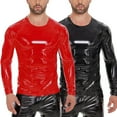 thumbnail image 6 of Mens Wetlook Shiny Faux Leather Long Sleeve Muscle T-Shirt Tops Party Clubwear, 6 of 8