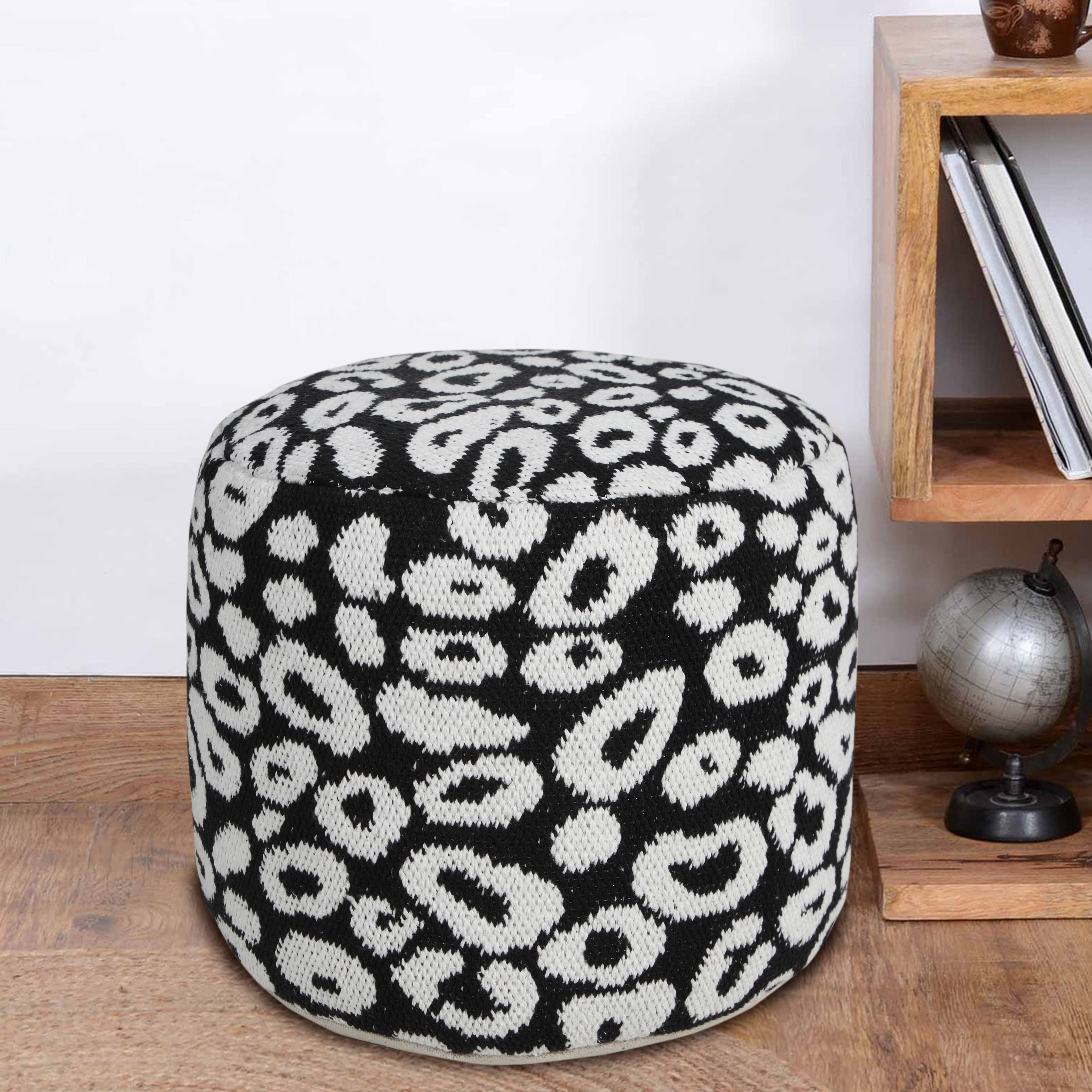 LR Home Small Abstract Indoor Round Pouf, Black/White, 18" x 18" x 14"