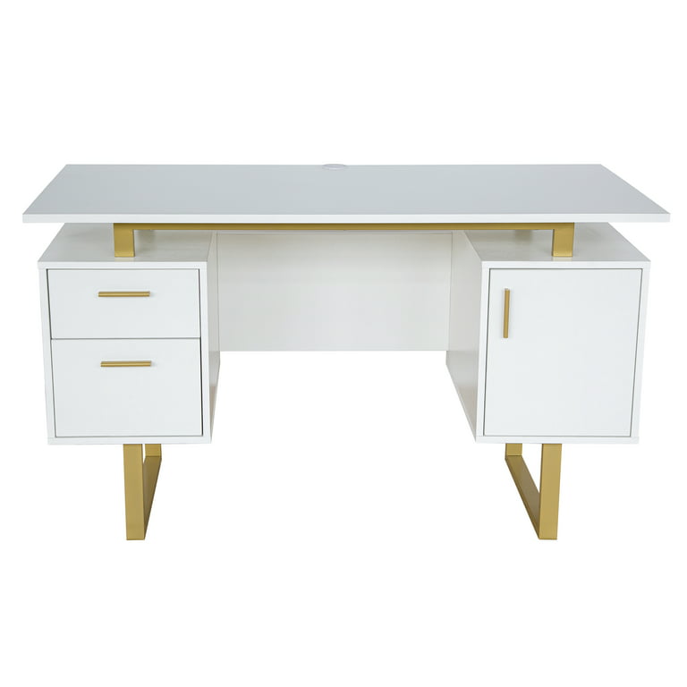 Techni Mobili Modern Adult Office Desk with Drawers and Storage, 51.25”W,  White/Gold 