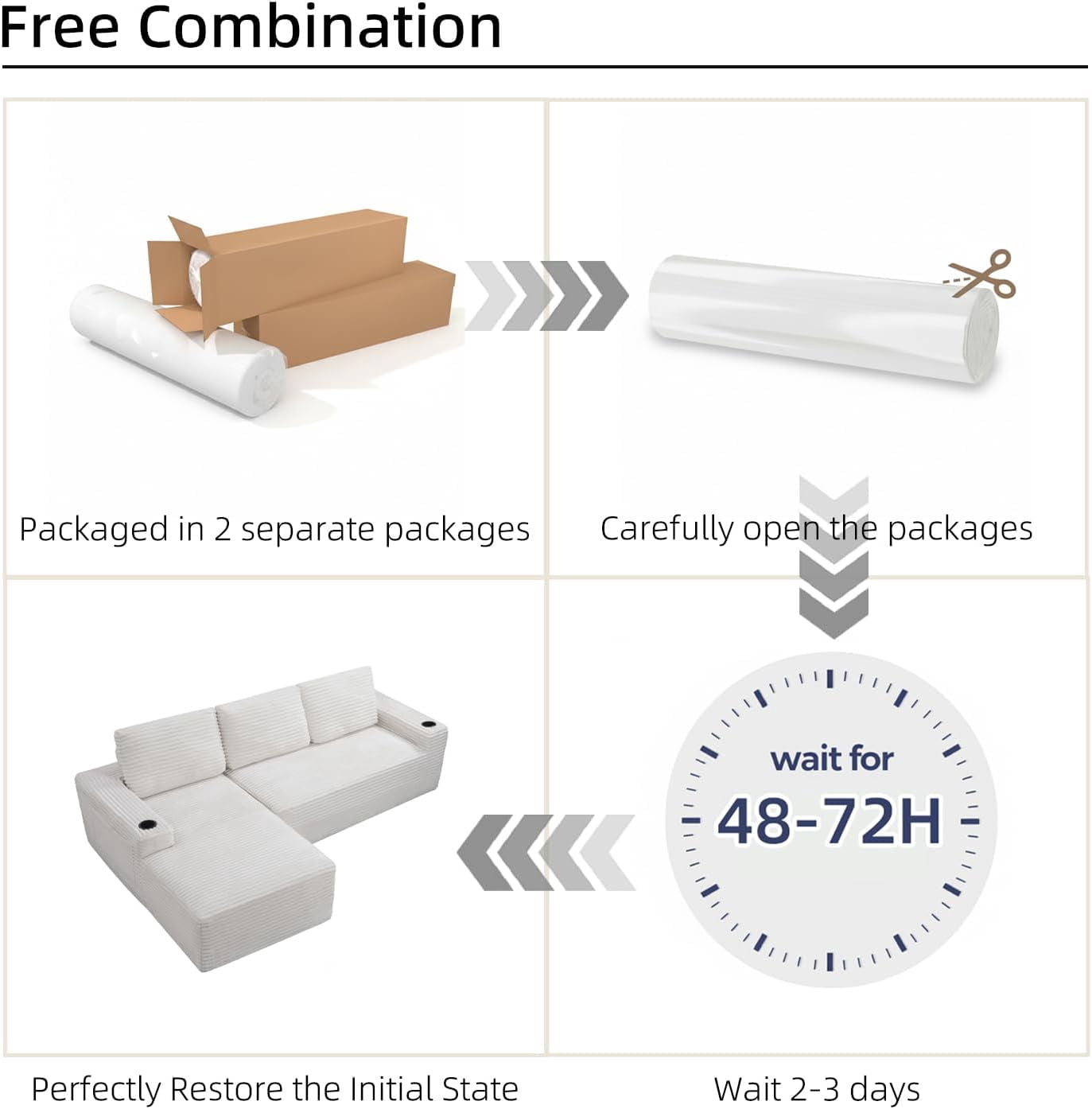 104" Cloud Modular Sectional Sofa, Corduroy Boneless L-Shape Chaise Couch with Deep Seat for Living Room Bedroom, No Assembly Required