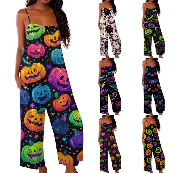 Evdexr Halloween Rompers Womens 2026 Pumpkin Bat Cobweb Graphic Jumpsuits Sleeveless Wide Leg Square Neck Costumes Casusl Spaghetti Straps Overalls L