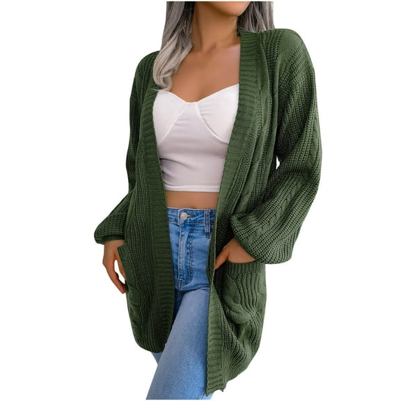 IROINNID Women's Cardigan Open Front Coat Solid Color Long Sleeve Casual Autumn Winter Pocket Cardigan Sweater Jacket Tops, Army Green