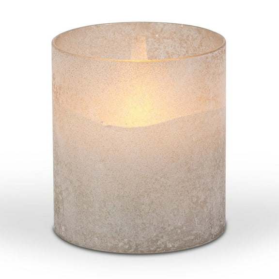 LED 3.5"D X 4"H Hand-Poured Wax Candle In Gray Frosted Glass. Next Gen LED Flame Patented Technology w/ Adjustable Brightness Control. 2 C Batteries (Not Included). Multi Timer Function, 4, 6 & 8 hour