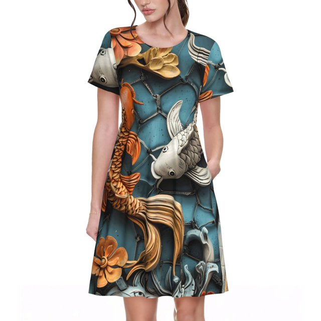 Easygdp Colorful Koi Fish Art para Vestido Transpirable de Mujer, Vestido Suelto de Manga Corta con Pliegues y Bolsillos para el Verano
