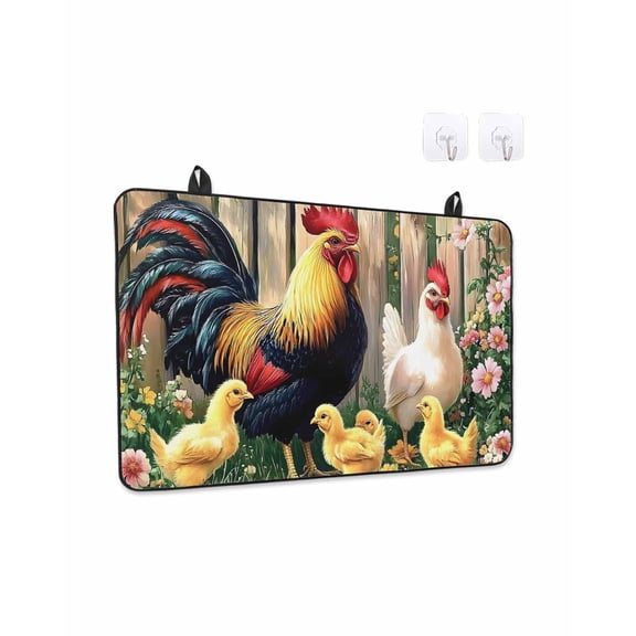 Rooster Chicken Pink Flowers Stove Top Covers for Electric Stove, 28'x20'' Watercolor Art Vintage Farm Glass Ceramic Stove Cover Foldable Rubber Mat Heat Resistant Cooktop Protector for Kitchen