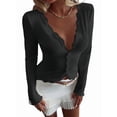 thumbnail image 2 of Womens Cardigan Sweaters Lace Ruffle Trim V Neck Long Sleeve Button Front Ribbed Knit Cute Fitted Crop Tops Black XXL, 2 of 9