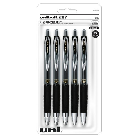 uniball 207 Retractable Gel Pens, Micro Point (0.5mm), Black, 5 Pack