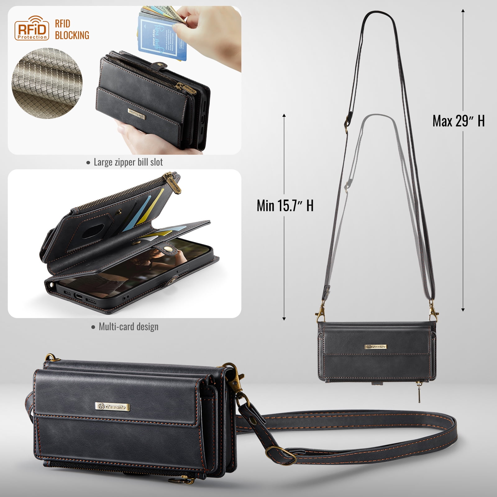 Compatible with iPhone 13 Wallet Case, Women Men RFID Blocking PU Leather Flip Cover Zipper Pocket Card Slots Phone Case for iPhone 13, Wrist Strap & Crossbody Strap, Black