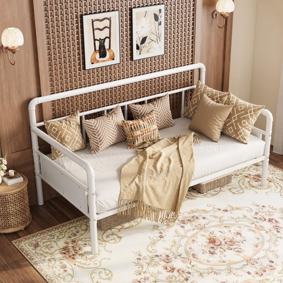 Heavy Duty Metal Twin Daybed Frame – Classic Headboard Sofa Bed – Steel Slats Support – Noise-Free – No Box Spring Needed – For Living Room, Bedroom, or Guest Room – Brown or Black