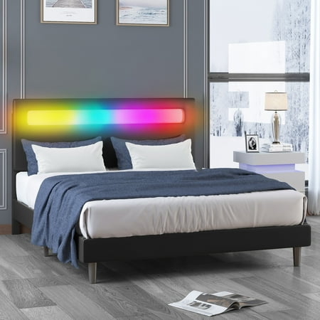 

Mjkone Platform Bed Frame with Smart LED Strip Light Full Size Bed Frame with RGB LED Headboard RGB LED Light Controlled by Alexa or APP Full Bed Frames Adjustable Lighting Effects(Full Black)