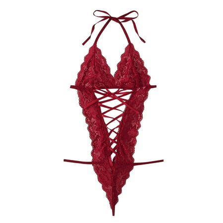 

MIARHB New Women Deep V Halter Lingerie Teddy One Piece Bodysuit Lace Bandage Underwear
