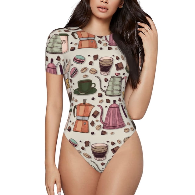 Balery Vintage Coffee Body de cuello redondo de manga corta para mujer Tops de manga corta Tops básicos-Large