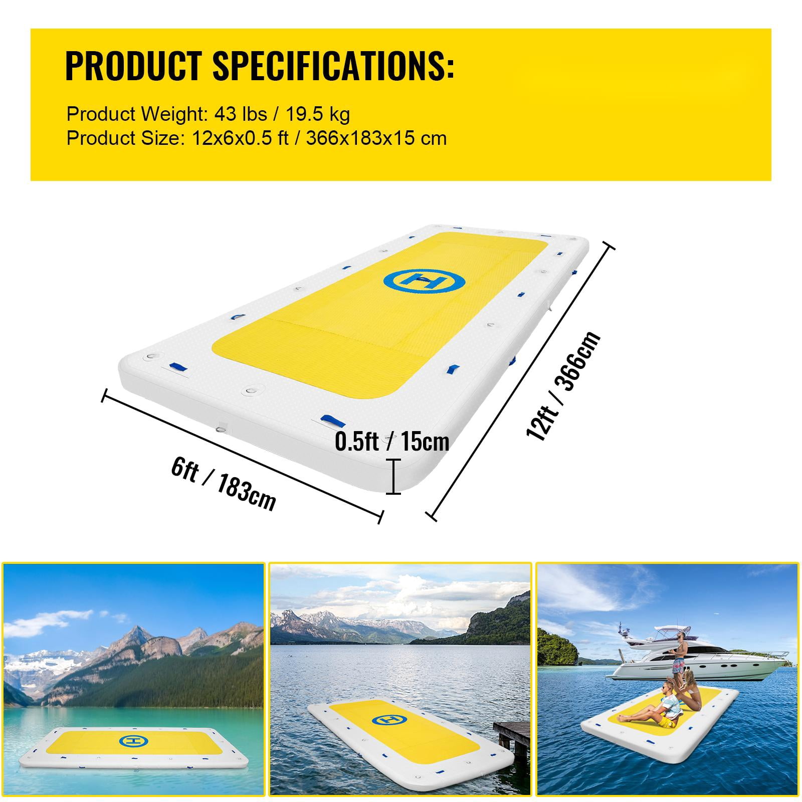 BENTISM Inflatable Dock Platform PVC Floating Dock 12 x 6 ft 3-5 Person w/2 Pumps