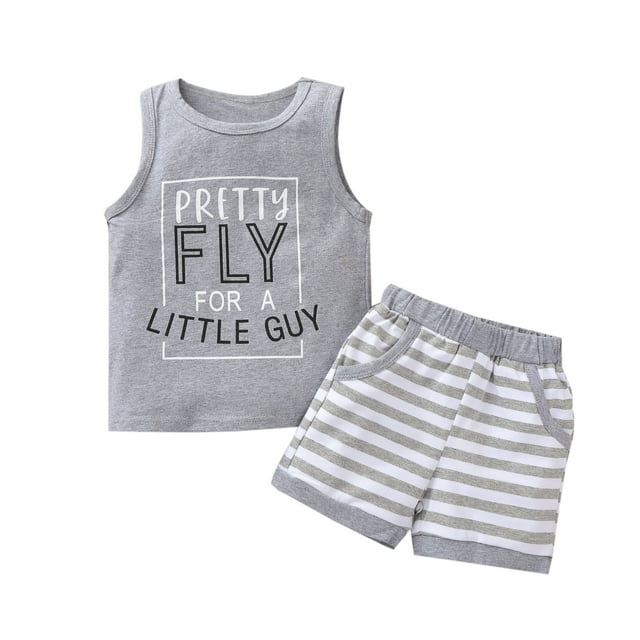 Kmbangi Kids Boys 2-piece Outfit Set Letter Print Tops+Striped Shorts Set