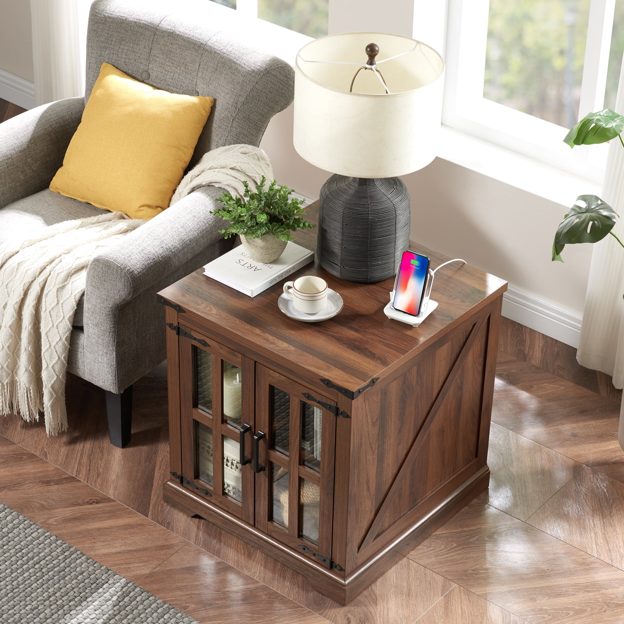RUSTOWN Farmhouse Nightstand with Adjustable Shelf, Walnut