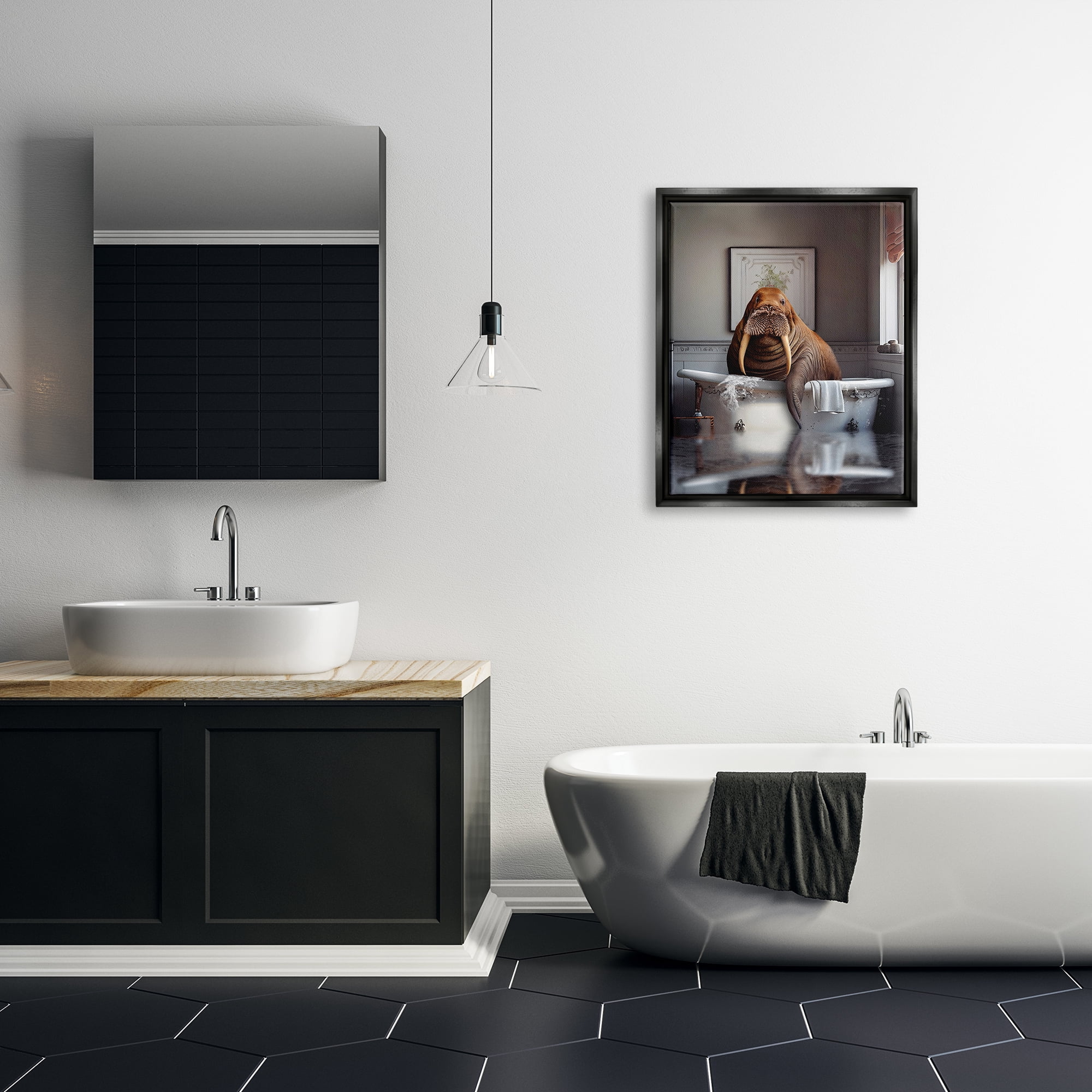 Stupell Industries Walrus in Bathtub Animals & Insects Painting Black Floater Framed Art Print Wall Art, 25 x 31
