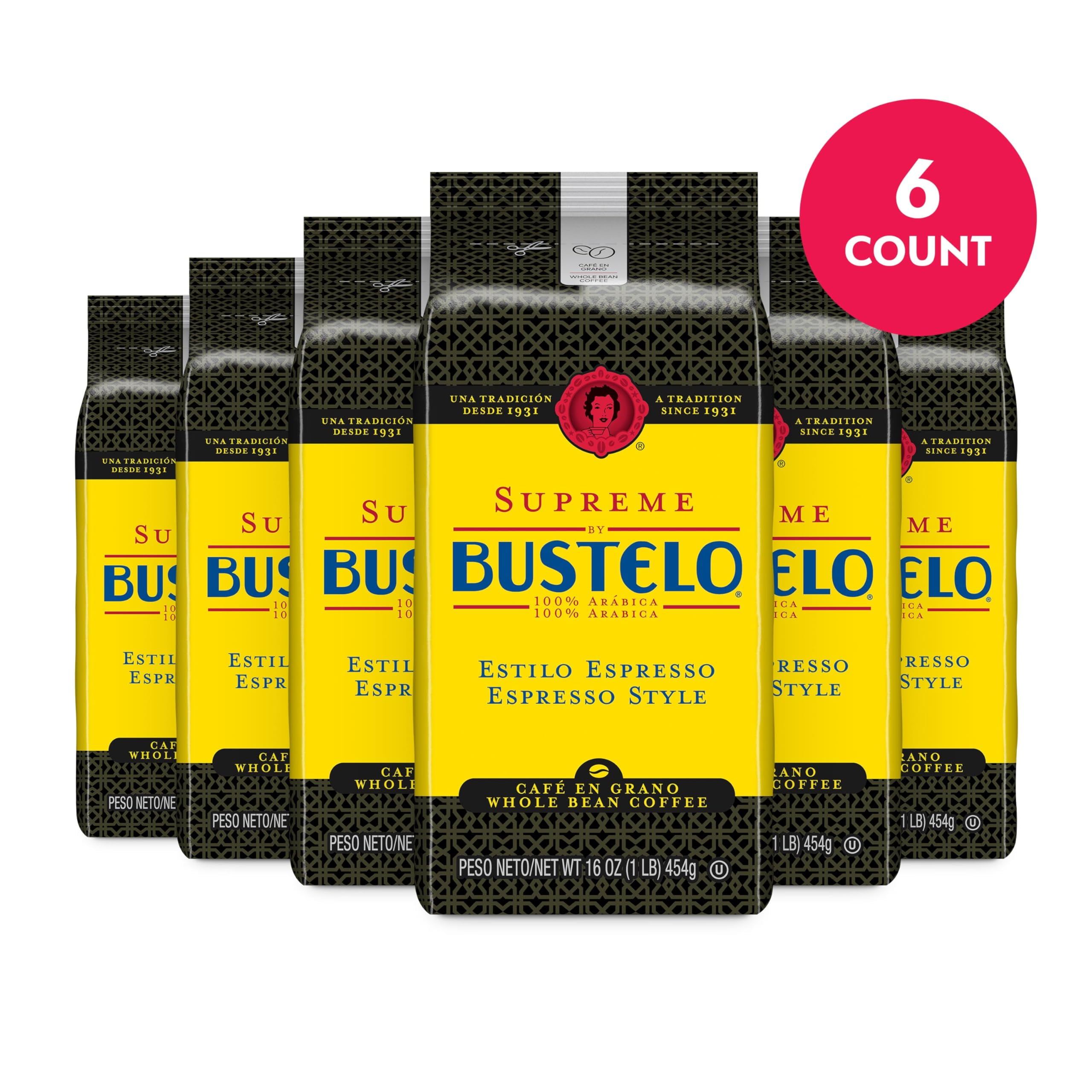 Café Bustelo Supreme by Bustelo Espresso Style Dark Roast Whole Bean Coffee, 16 Ounce (Pack of 6)
