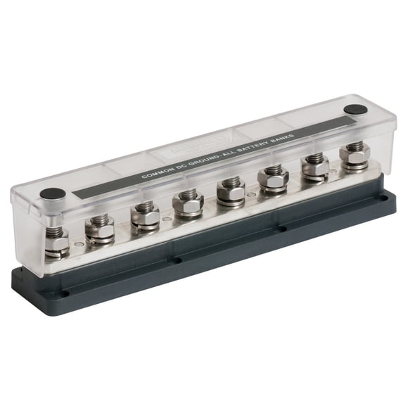 BEP Barre Marine 777-BB8S-650 Type à Bande Plate; 8 Points de Terminal; 650 Ampères Maximum; Sans Couvercle Isolé; Longueur 9,8 Pouces x Largeur 1,91 Pouces; Conducteur en Cuivre Teinté/clous en Acier Inoxydable