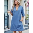 thumbnail image 5 of Womens Denim Shirt Dress Summer Collared V Neck Mini Casual Jean Dresses with Pockets, 5 of 9