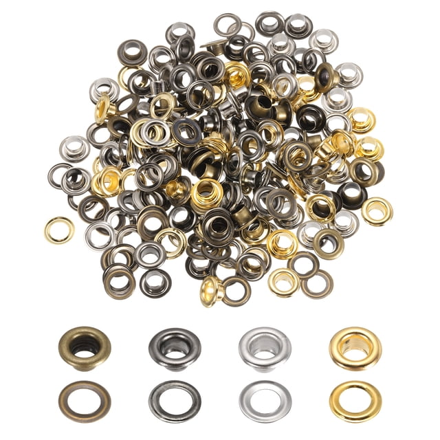 100 juegos de ojales de 5/16" (4 mm) con arandelas para cinturones, ropa, núcleos de cuentas, proyecto de bricolaje (oro/plata/gris/bronce)