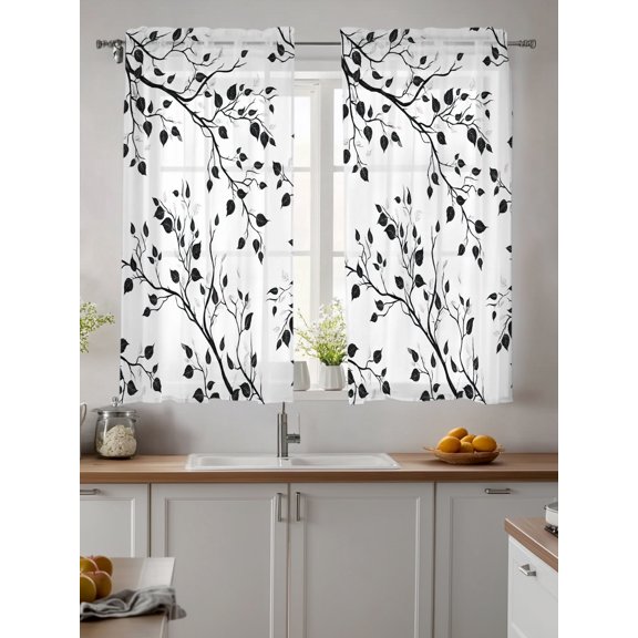 Black Botanical Sheer Kitchen Tier Curtains 45 Inch length,Rod Pocket Half Curtains & Drapes,Watercolor Summer Botanical Light Filtering Chiffon Cafe Bathroom Window Treatments 2 Panels 27.5"W x 45"L