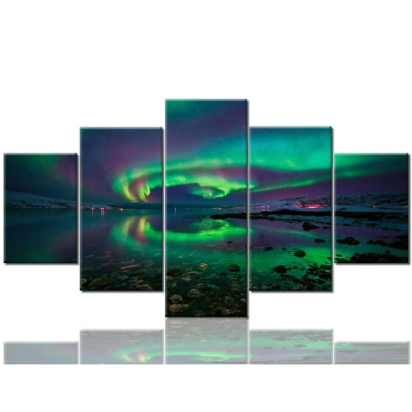 Art Wall for Home DecorAurora in Iceland Canvas Prints for Living Room Decoration Northern Light Painting 5 Panels HD Artwork Poster Stretched and Framed Ready to Hang (60''Wx32''H)