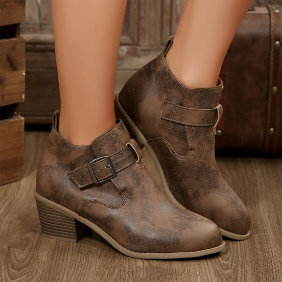 PiGOGI Women's Ankle Boots for Women Horsebit Buckle Pointed Toe Thick Heel Winter Casual Comfortable Fashion Boots Coffee 43