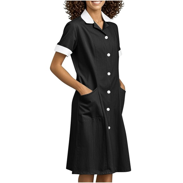 VEKDONE Robe d'Été Unie pour Femmes avec Poches Boutons Revers Robe d'Infirmière Midi Noire TG