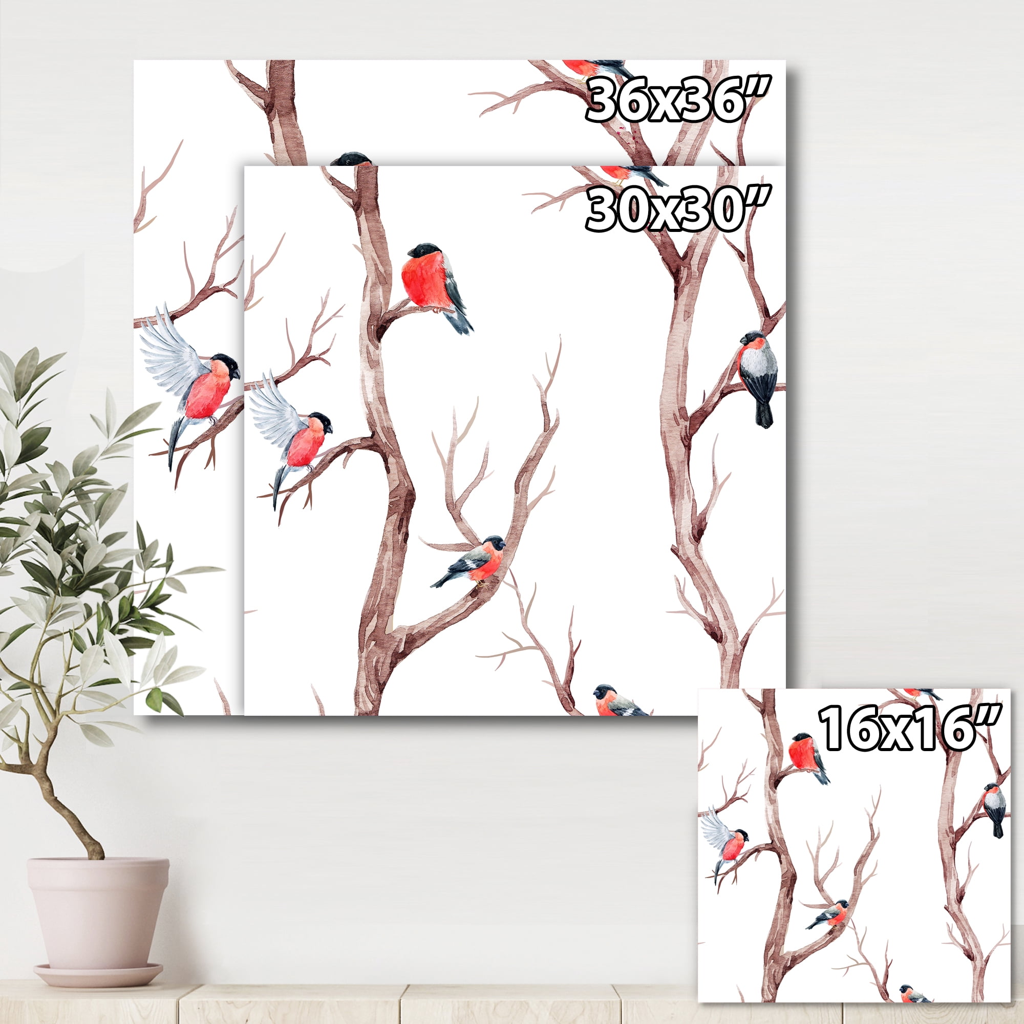 Little Birds Sitting On The Tree Branches III 30 in x 30 in Painting Canvas Art Print, by Designart