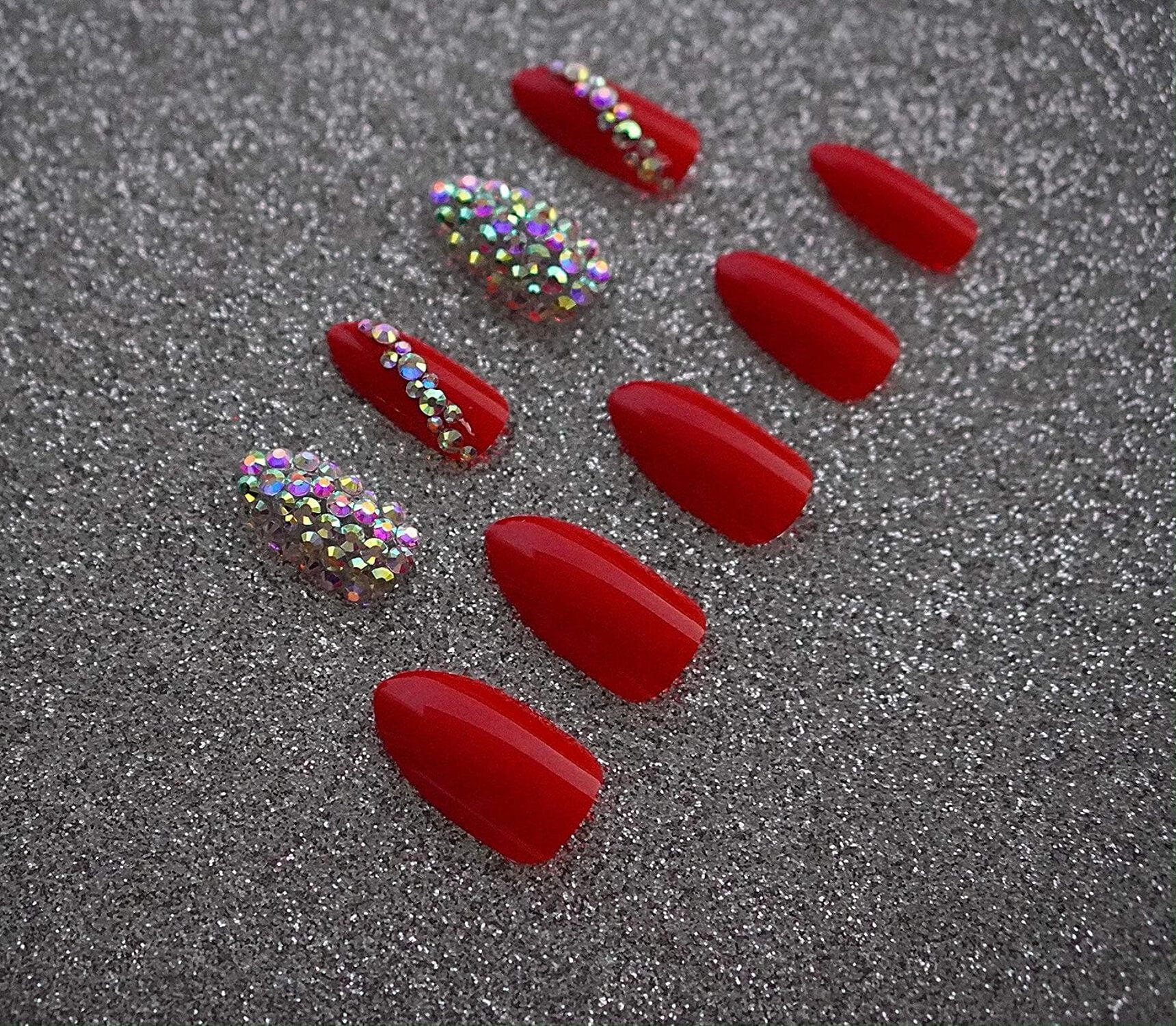 Passion Chic, Red 3D Crystal Press On Nails, Long Almond Stiletto Rhinestone Design Fake Nails Set