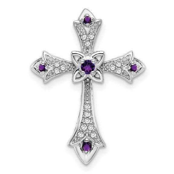 Auriga Fine Jewelry 10K White Gold Amethyst and Diamond Fleur de Lis Cross Chain Slide Pendant for Women (L-25.2mm, W-18.5mm)