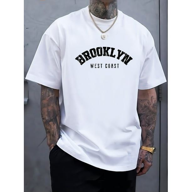 BROOKLYN Print Men's New Round Crew Neck Short Sleeve Tee, Fashion T-Shirt, Comfy Breathable Casual Sports Top For Spring Summer Holiday Leisure Vacation, Casual Sporty Tee, Summer Gifts