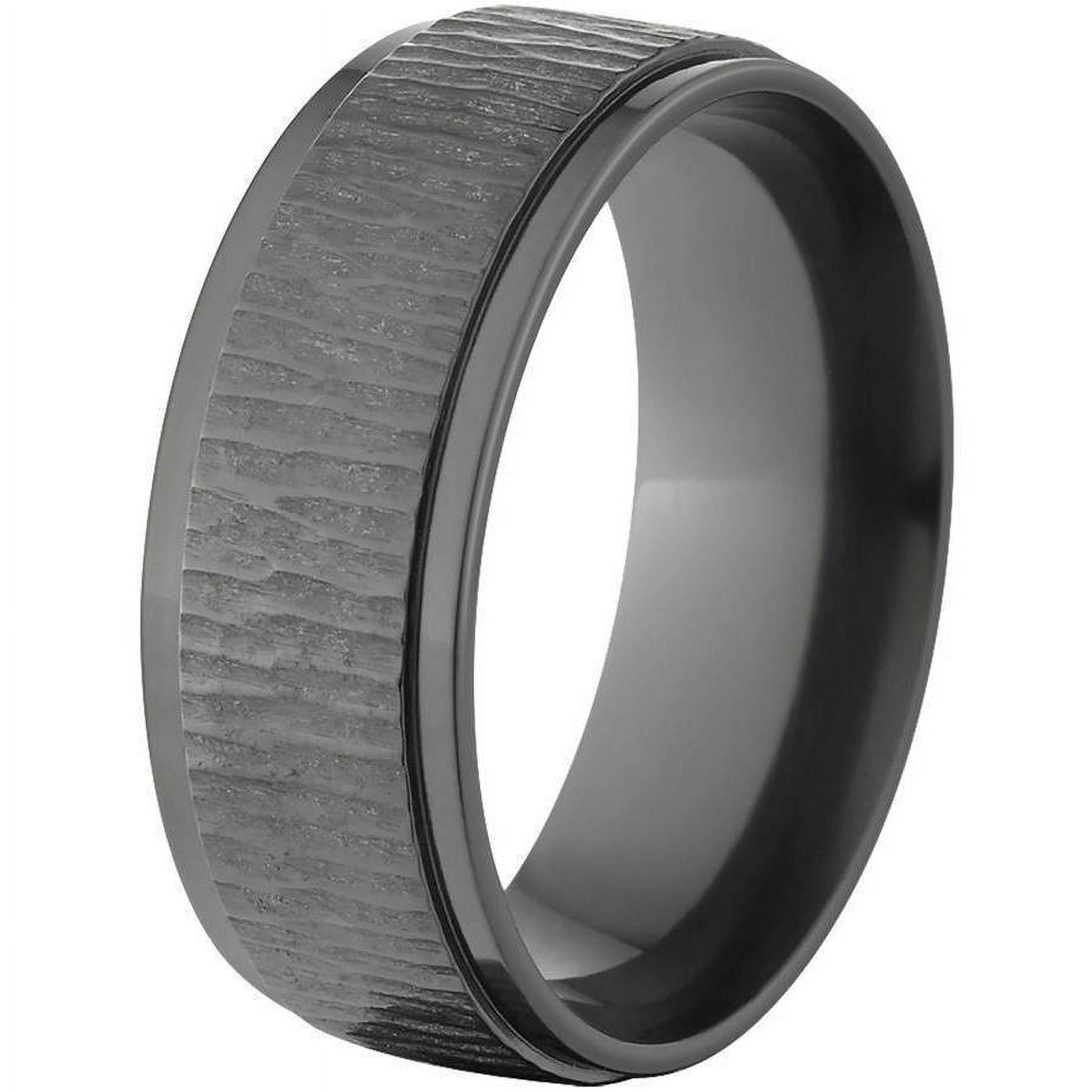 8mm Raised Center Black Zirconium Ring with a Tree Bark Finish