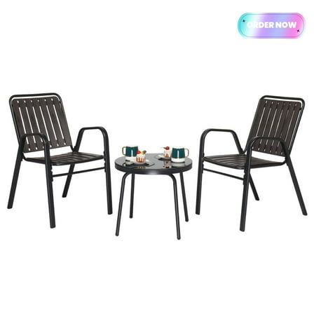 Tcbosik 3-Piece Outdoor Conversation Furniture Set, 19.7" Round Leisure Table with Glass Top, 2 Stackable Armchairs, Bistro Table Set for Balcony, Patio, Garden, Porch, Backyard, Black and Coffee