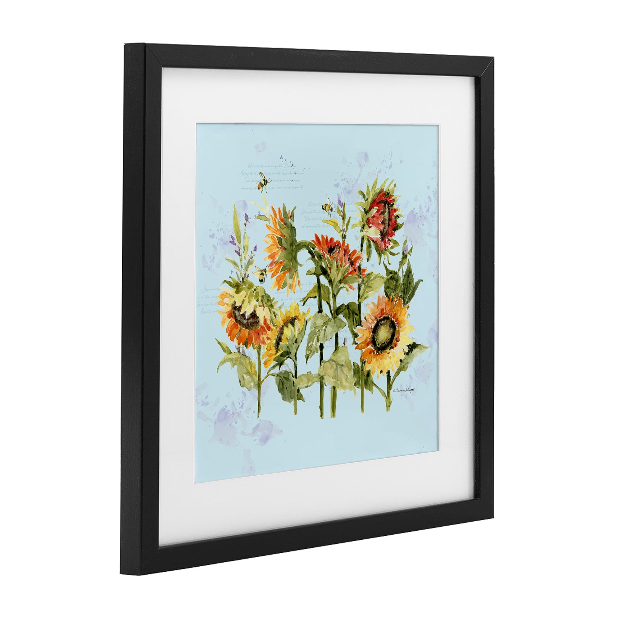 Stupell Industries Sunflowers & Bee on Blue Black Framed Print Under Glass, design by Susan Winget
