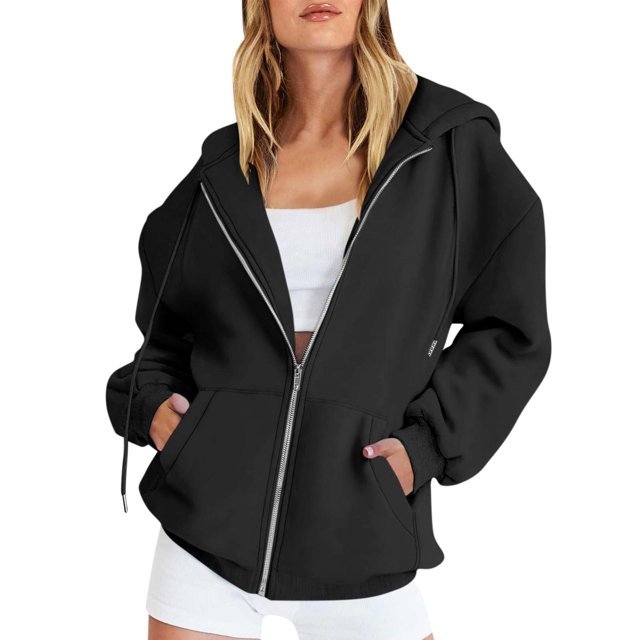 sudadera con capucha y cremallera de manga larga de color sólido de moda casual para mujer negro / s