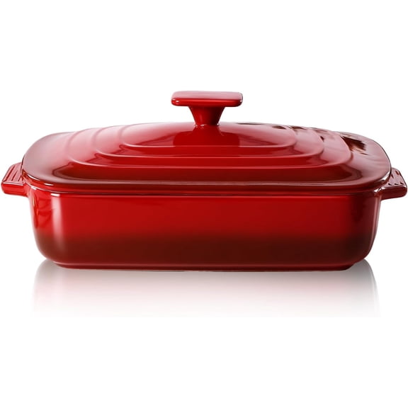 Lar Ceramic Casserole Dish with Lid, 4.0 Quart Covered Rectangular Stoneware Baking Dishes for Oven, Deep 9x13 Inch Lasagna Pans and Serving, Perfect Christmas gifts, Red
