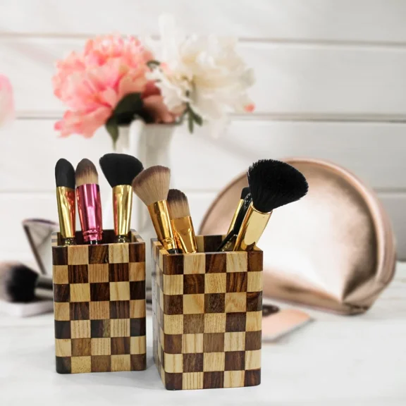 2 Pack Wood Pen Pencil Holder Stand Multi Purpose Natural Wood Pencil Cup Pot