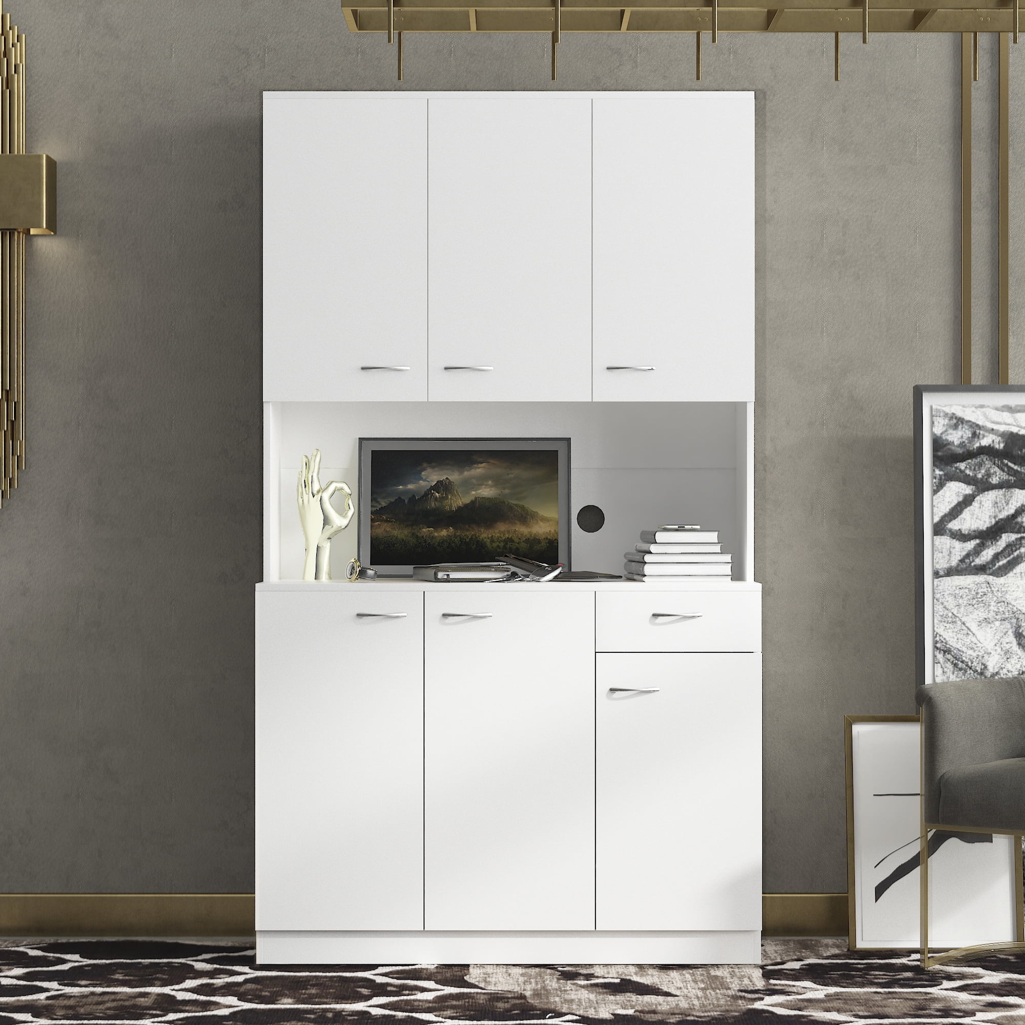 Mintazer 70.8" Tall Kitchen Pantry Cabinet with Open Shelf, Freestanding Food Storage Cabinet with Drawer & 6 Doors for Hallway Living Room Kitchen, White