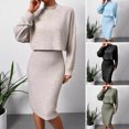 thumbnail image 2 of Quixlent 2 Pcs/Set Women Top Dress Suit Mock Collar Thread Long Sleeve Sweater V Neck Sheath Slim Fit Sleeveless Solid Color Midi Dress Commuting Dating Outfit, 2 of 8