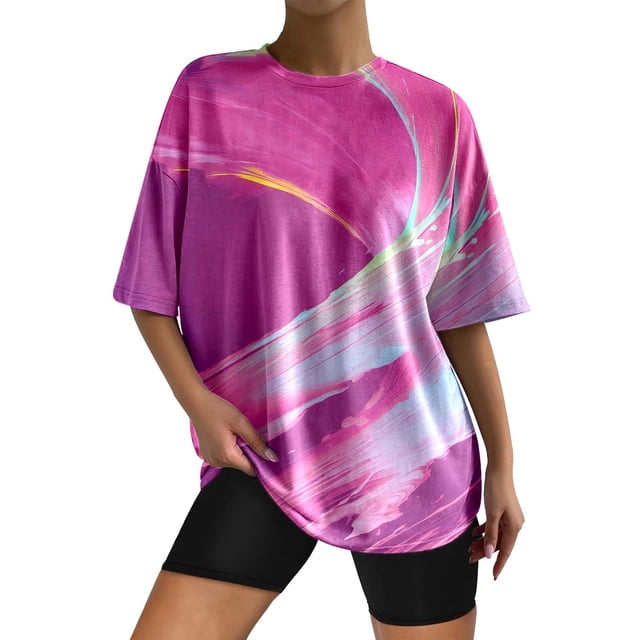 Gibobby Playera Corte clásico para Mujer Camiseta informal verano para mujer, camiseta holgada con hombros caídos y cuello redondo, manga corta, estampado s(Rosa caliente,M)