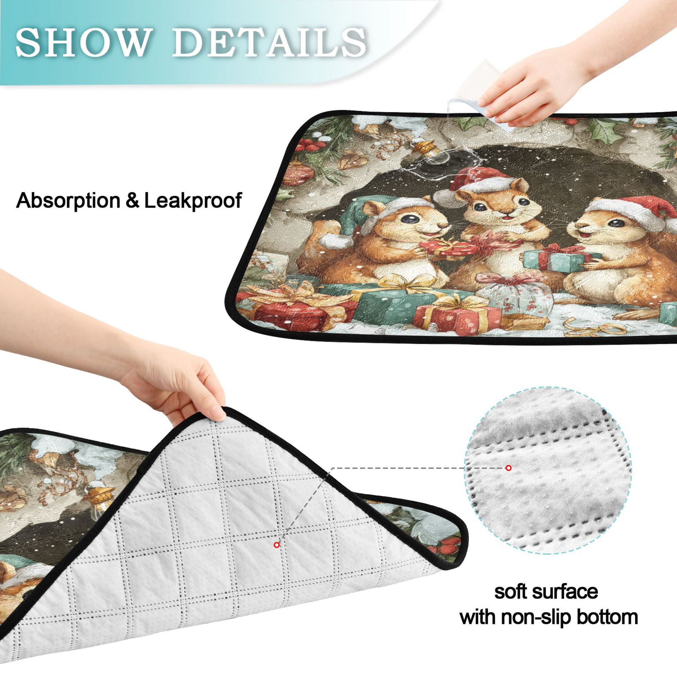 Qxltty Cute Baby Squirrels Cat litter Pads Pet Set of 2 Diaper Mats Center Anti-leakage Layer Absorbent Soft and Comfortable