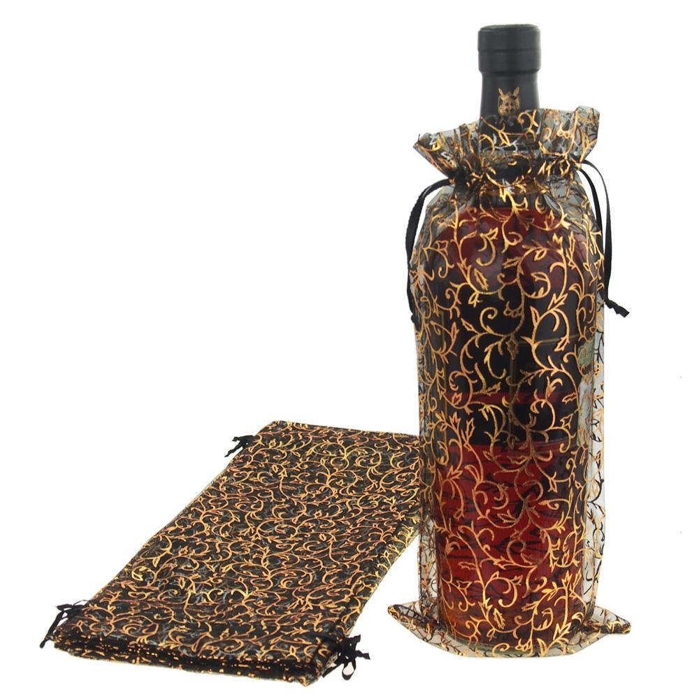Holiday Swirl Organza Wine Bottle Bags, 13Inch, 12Piece, Black/Gold