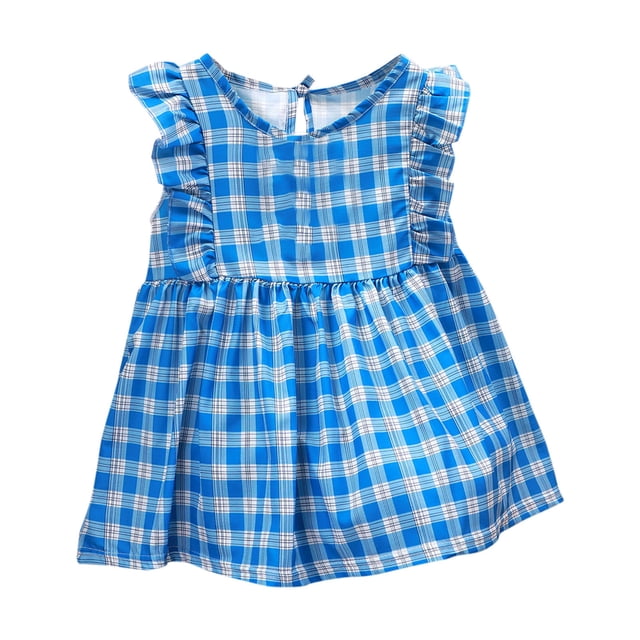 Robe d'Été à Carreaux pour Filles 1-10 Ans Manches Courtes à Volants Col Rond Imprimée Robe Douce Bleu Ciel