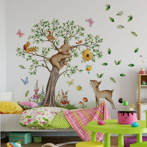 Woodland Animals Tree Wall Stickers DIY Giant Tree Wall Decals Deer Wall Stickers Peel and Stick Forest Wall Stickers for Baby Nursery Kids Bedroom Toddler Room Wall Decor