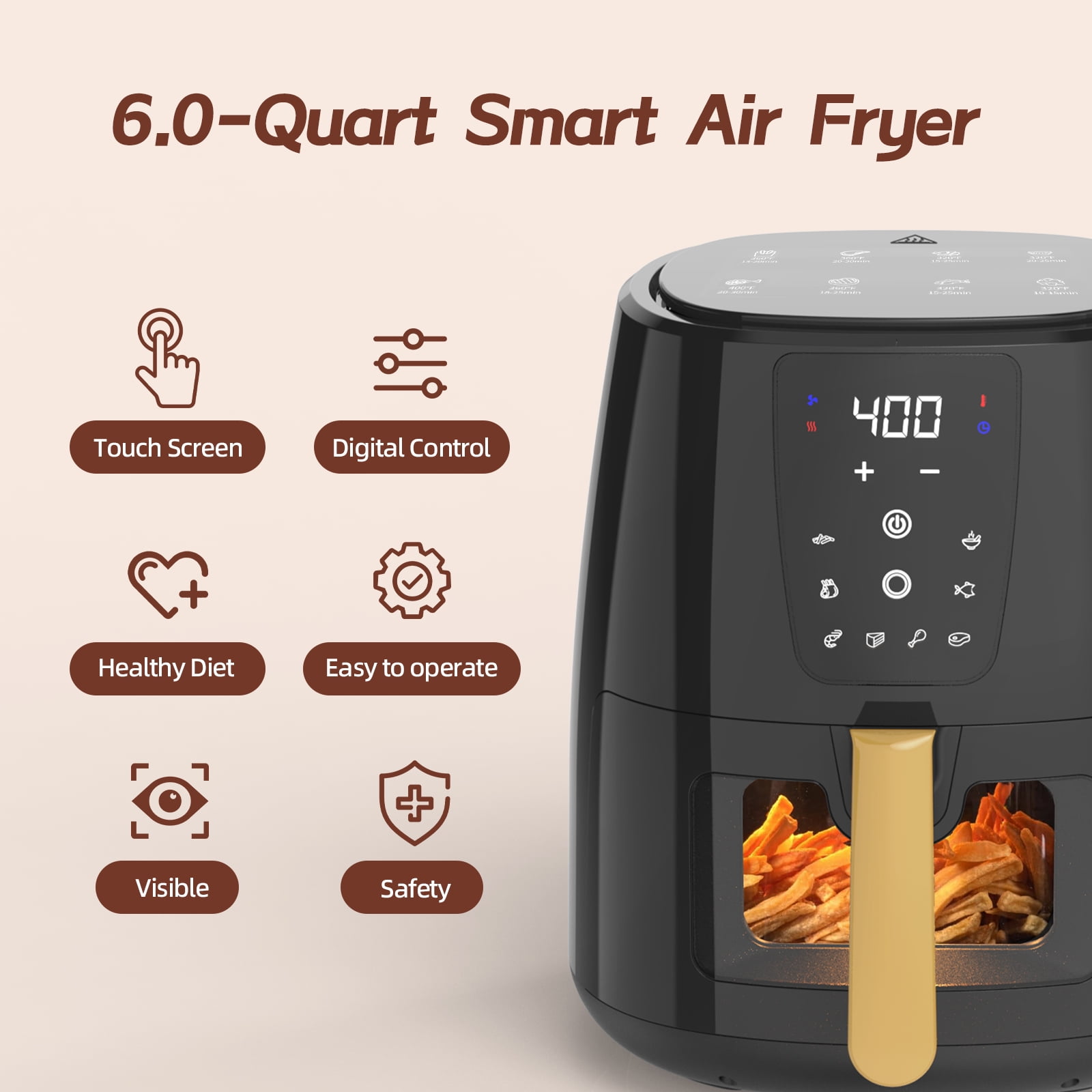 AboveMoon 6.0 QT Large Digital Air Fryer with Window for Kitchen Use,Nonstick Made,Touchscreen Display,400F,Customized Temp/Time,NonStick Basket,Black